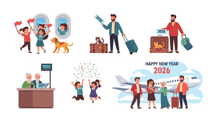 New Year Travel Preparations: A collection of illustrations depicting the anticipation and preparation for travel during the new year, encapsulating themes of excitement, family connection.