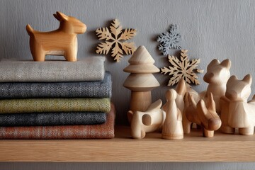A serene display of natural fabrics draped elegantly, complemented by handcrafted wooden toys and intricate paper snowflakes, capturing a warm, eco-friendly vibe
