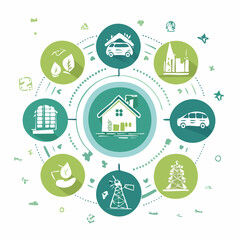 Illustration of a smart, eco-friendly house surrounded by icons representing renewable energy, conservation, and sustainable community life