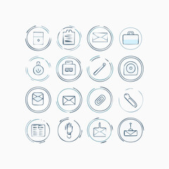 Creative hand-drawn business and office icons set, featuring essential communication tools and daily work elements in a unique sketchy style for modern digital design projects