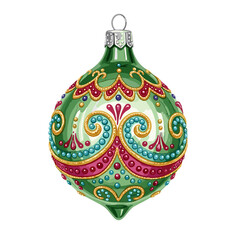 Elegant Green Glass Christmas Ornament with Intricate Gold, Red, and Blue Beaded Swirl Decorations for Holiday Season