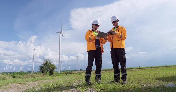 Caucasian engineers operate drone at wind farm reviewing live data on tablet coordinate inspection process support renewable energy maintenance teamwork ensuring clean sustainable power generation