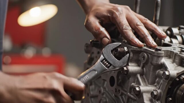Mechanic tightening bolt on engine assembly using adjustable wrench under bright lamp
