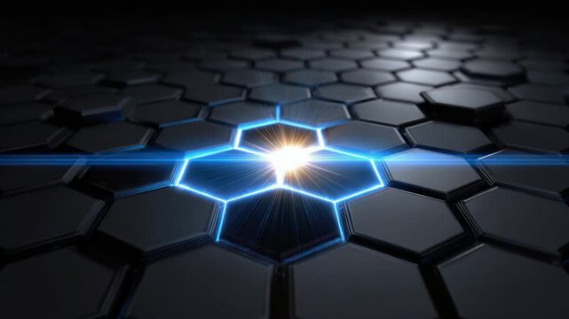 Abstract, hexagonal pattern illuminated with blue light and a central, bright, golden point