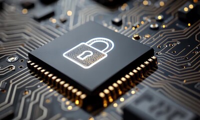 Glowing golden padlock symbol illuminated on a dark advanced computer microchip circuit board with intricate pathways and golden connections representing digital security and data protection - Powered by Adobe