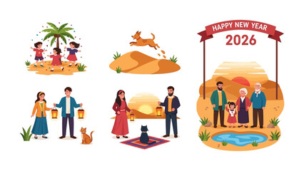 New Year Celebration: Vibrant illustrations capture the essence of a New Year's celebration with joyful scenes. A dog jumps over the dune, kids playing in the sand, lantern-carrying couple.