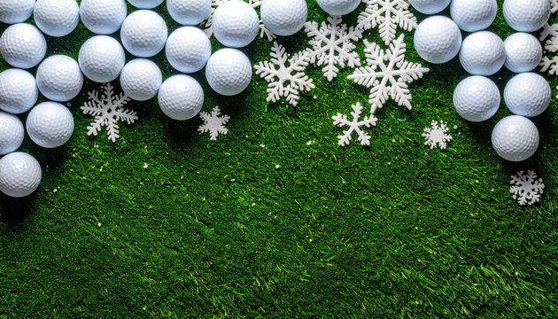 Golf balls and snowflakes on green grass for a festive winter scene - Powered by Adobe