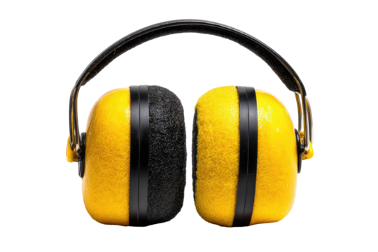 Yellow earmuffs with black cushions, isolated