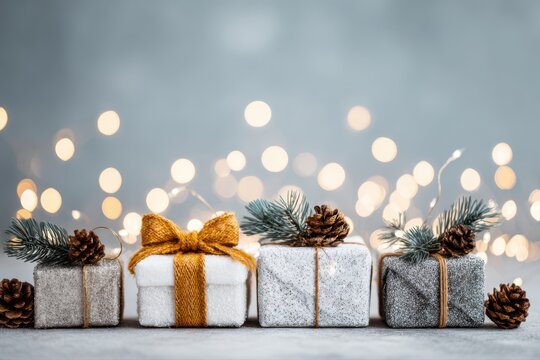 Assorted gift boxes with decorative ribbons and fir twigs, gently illuminated, clean backdrop, inviting atmosphere, perfect for text insertion