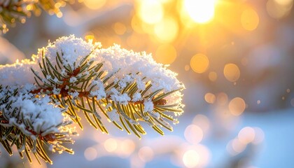 Snow-covered evergreen branch with golden sunlight and serene winter landscape in soft focus.