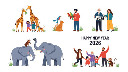 Happy New Year 2026: A vibrant and diverse collection of illustrations, illustrating the theme of family, love, and anticipation for the coming year. 