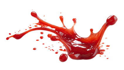 Red liquid splash, drops flung, dynamic isolated form