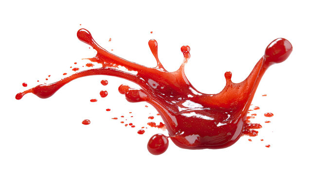 Red liquid splash, drops flung, dynamic isolated form