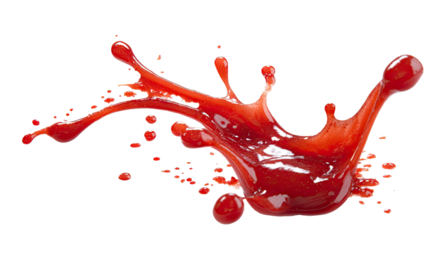 Red liquid splash, drops flung, dynamic isolated form