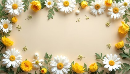 White daisies and yellow roses arranged on a light beige background with green leaves. This floral composition offers a delicate and elegant natural theme perfect for spring or summer.