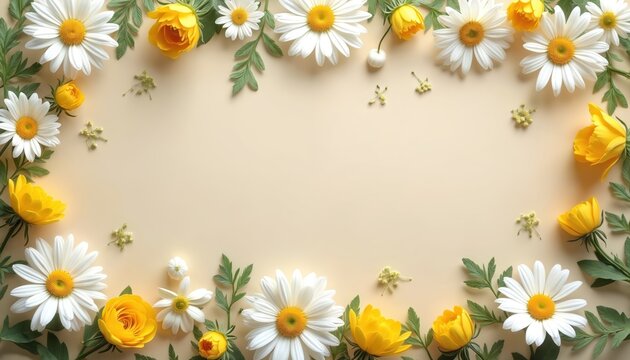 White daisies and yellow roses arranged on a light beige background with green leaves. This floral composition offers a delicate and elegant natural theme perfect for spring or summer.
