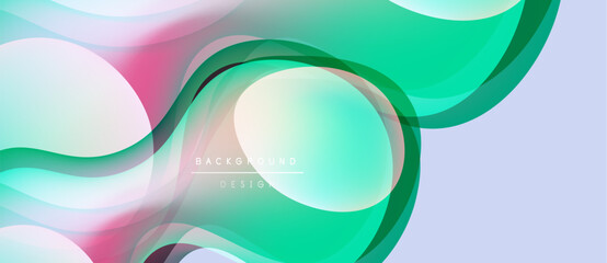 Abstract fluid shapes, vibrant colors blend. Modern design, smooth gradients create dynamic composition. Light, airy feel.