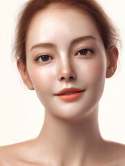 Close-up beauty portrait featuring smooth skin texture, natural glow, and soft makeup details.