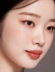 Close-up beauty portrait featuring smooth skin texture, natural glow, and soft makeup details.