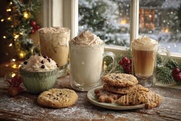 Rich coffee drinks adorned with seasonal designs, surrounded by homemade cookies and soft garlands, viewed through a snow-dusted window, evoking warmth
