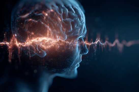 Brain neural wave data glow Futuristic brain with neural wave and data glow, focused