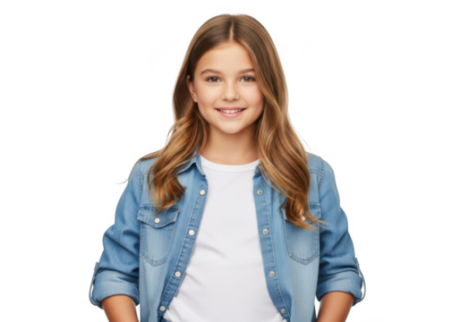 Smiling young girl with long brown hair wearing a blue denim jacket and white t shirt isolated on transparent background