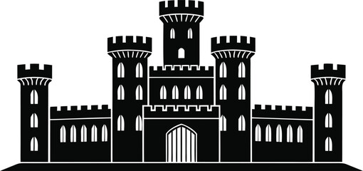 Majestic medieval castle silhouette icon graphic illustration featuring multiple towering turrets, strong fortress walls, and arched gates in a clean, flat vector.