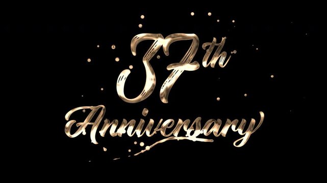 37th anniversary text animation in golden metallic effect. suitable for celebrating special occasions, invitations, anniversary cards and social media. Includes alpha channel for any background.