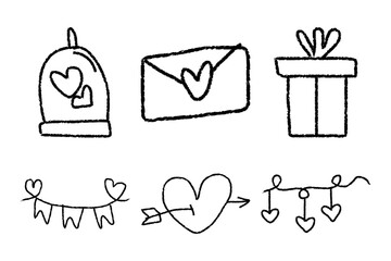 Hand Drawn Cute Valentine’s Day Doodle Vector Set. Adorable Love and Animal Elements, Hearts, Arrows, and Gift Boxes on White Background