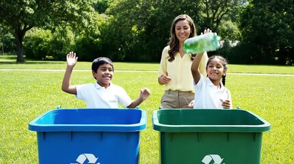 A diverse family participates in America Recycles Day by recycling plastic outdoors