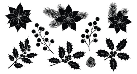 Collection of black silhouette christmas botanical elements including poinsettias holly berries pine needles and pinecones