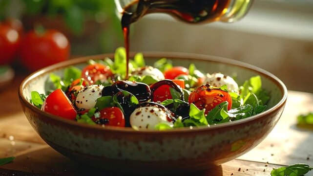 Pouring Balsamic Glaze Over Fresh Caprese Salad