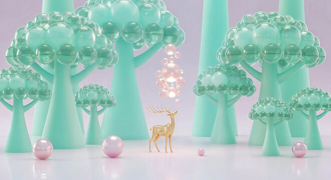 Enchanting pastel forest with a golden deer and glowing orb, whimsical fantasy scene