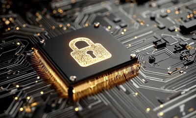 Digital lock icon illuminated on a microchip circuit board with glowing golden lights representing data security and technology - Powered by Adobe