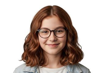 A young girl with wavy red hair and round glasses smiles gently her face illuminated against a dark backdrop isolated on transparent background