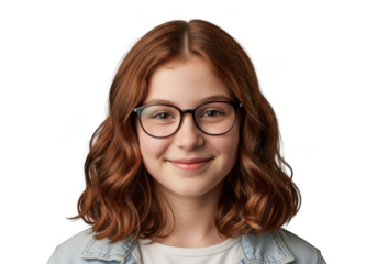 A young girl with wavy red hair and round glasses smiles gently her face illuminated against a dark backdrop isolated on transparent background