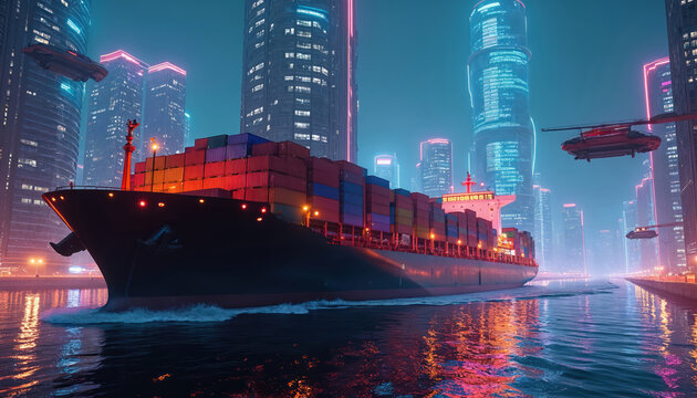 Cyberpunk container ship sails river through neon glowing megacity skyscrapers at night. Futuristic cityscape with flying vehicles and automated transport systems shows global trade. - Powered by Adobe