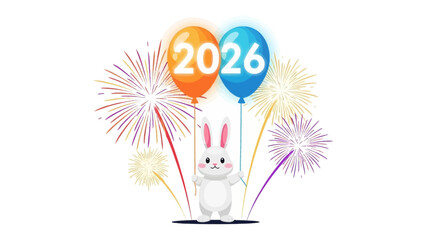 Year 2026 Celebration with Bunny: Celebrating the upcoming year with vibrant fireworks, balloons displaying the year's numerals, and a cheerful bunny ready to embrace the future. 