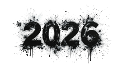 Year 2026 in dark splatters on black background