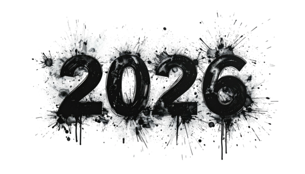 Year 2026 in dark splatters on black background - Powered by Adobe