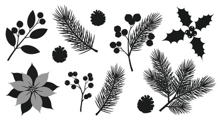Collection of black silhouette christmas botanical elements including pine branches holly berries and poinsettia