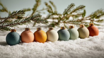 row of colorful Christmas ornaments rests on snow, with pine branches in background, creating festive and serene holiday atmosphere