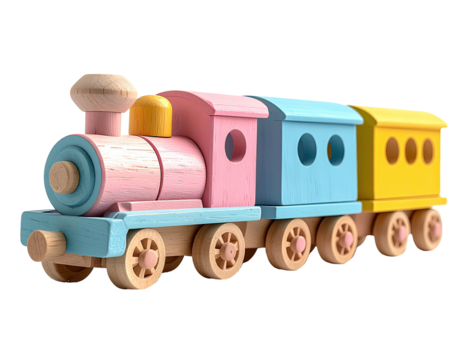 Pastel wooden toy train engine, cars
