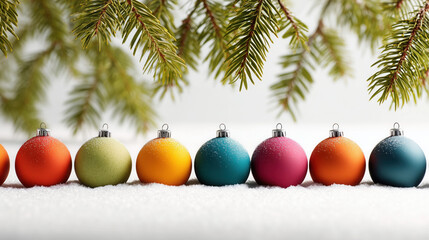 Colorful Christmas ornaments in row on snow with pine branches above create festive and cheerful holiday scene. vibrant baubles in various hues add touch of joy and celebration to winter setting