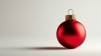 single red Christmas ornament with golden cap sits on plain surface, casting soft shadow against neutral background, evoking festive and minimalist holiday atmosphere