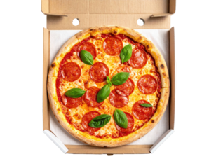 Pepperoni pizza with basil, in a cardboard box