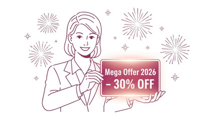 Mega Offer Advertisement: A cheerful figure, presenting a dynamic Mega Offer -30% OFF sign, with festive graphic illustration for an engaging advertisement. 