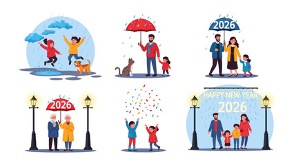 Family in the Rain: Family scenes of umbrella with children under rain, capturing joyful moments and a shared sense of togetherness. 