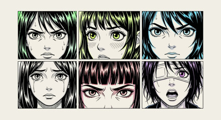 Six captivating anime-inspired female character portraits, each masterfully depicting a distinct emotional state with intense expressions and detailed artistry