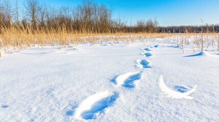 Footprints in fresh snow leading through a serene winter field under a blue sky, with a white feather